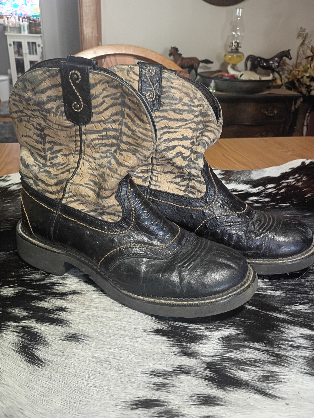 Justin Boots Black Leather Ankle Boots with Tan Tiger-Print Shaft